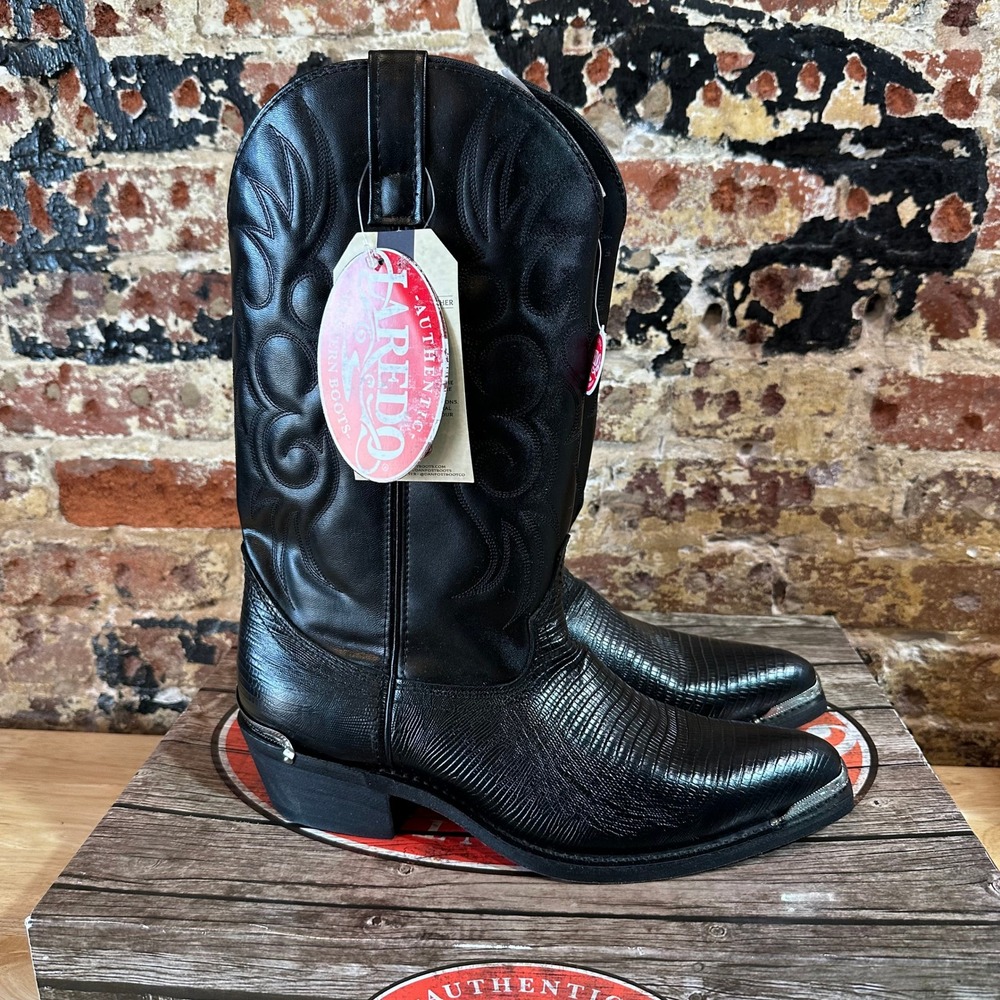 Laredo Mens 11 D Black Lizard Print Western Cowboy Boots Silver Toe Heel Rand